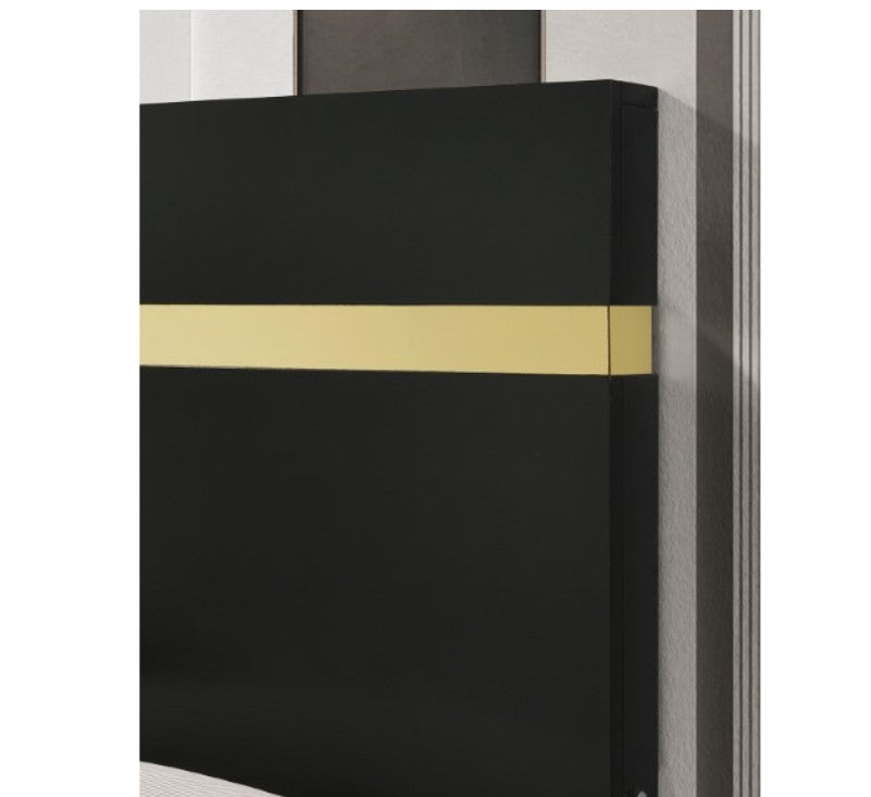 Shysko Black Gold LED Contemporary Style Bed A modern bedroom furniture set featuring a black bed frame with gold trim, a matching black nightstand, a black dresser with a mirror, and a black chest, all styled in a contemporary bedroom with gray walls and wood flooring.