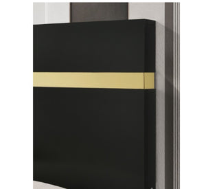 A close-up of a modern black cabinet or panel with a horizontal gold accent stripe, shown against a light gray textured wall.
