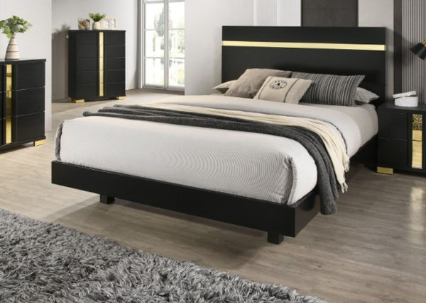 Shysko Black Gold LED Contemporary Style Bed A modern black platform bed with a gold accent stripe on the headboard, styled in a contemporary bedroom with gray and white bedding, flanked by matching black nightstands and a dresser with gold accents.