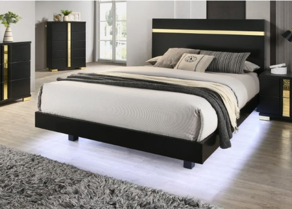 Shysko Black Gold LED Contemporary Style Bed A modern black platform bed frame with a sleek headboard featuring gold accent stripes, styled with neutral bedding in a contemporary bedroom setting.