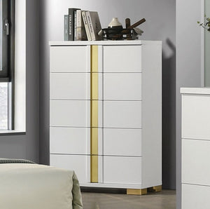 Shysko White Gold Contemporary Style Chest White dresser with gold accents in a bedroom setting
