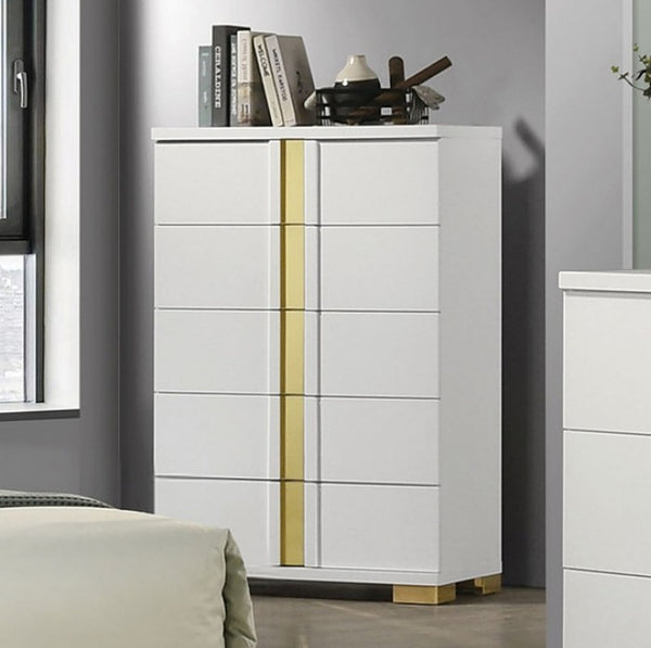 Shysko White Gold Contemporary Style Chest White dresser with gold accents in a bedroom setting