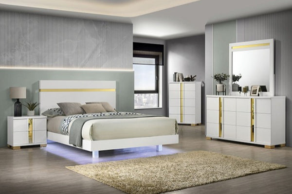 Shysko White Gold Contemporary Style Dresser Set A modern bedroom furniture set featuring a white bed frame with gold accents, a matching nightstand, a tall dresser with a mirror, and a matching chest of drawers, all styled in a contemporary gray and beige bedroom.