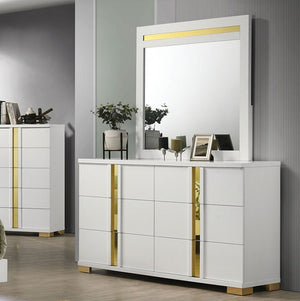Shysko White Gold Contemporary Style Dresser A modern white dresser with gold vertical accents and a matching large mirror, shown in a styled room setting with gray walls and wood flooring.