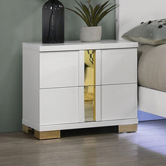 Shysko White Gold Contemporary Style Nightstand A modern white two-drawer nightstand with gold metallic legs and a central gold mirror panel, styled in a bedroom setting next to a bed.