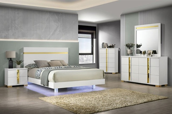 Shysko White Gold LED Contemporary Style Bed A modern bedroom furniture set featuring a white bed frame with gold accents, a matching nightstand, dresser, and chest of drawers, styled in a contemporary room with gray walls and wood flooring.