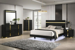 Shysko Black Gold LED Contemporary Style Bed A modern bedroom furniture set featuring a black bed frame with gold trim, a matching black nightstand, a black dresser with a mirror, and a black chest, all styled in a contemporary bedroom with gray walls and wood flooring.