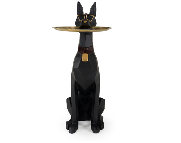 Skippy Modern Black and gold Cool Dog Sculpture A black cat-shaped side table sculpture with a gold tray on its head, sunglasses, and a gold collar, shown against a plain white background.