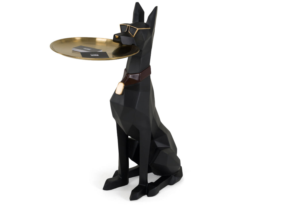 Skippy Modern Black and gold Cool Dog Sculpture A black geometric dog-shaped side table or tray holder with gold-tone accents, including a tray on its head, photographed on a clean white background.