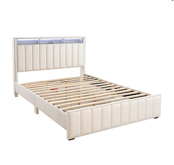 Sluvender Modular Upholstered Bed Beige Finish White bed frame with wooden slats on a white background