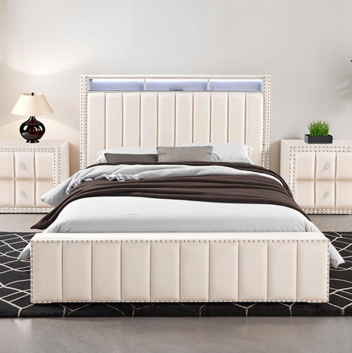 Sluvender Modular Upholstered Bed Beige Finish Beige upholstered bed with white bedding in a modern bedroom setting.