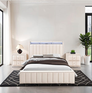 Sluvender Modular Upholstered Bed Beige Finish Modern bedroom with a white upholstered bed, nightstands, and decor.