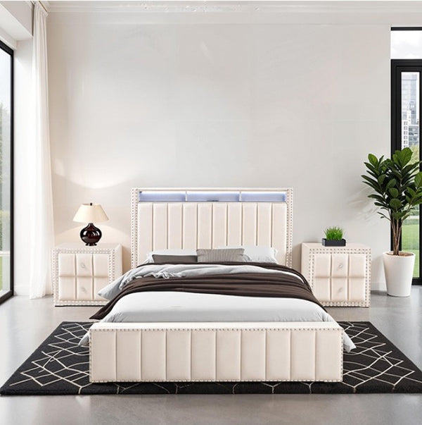 Sluvender Modular Upholstered Bed Beige Finish Modern bedroom with a white upholstered bed, nightstands, and decor.