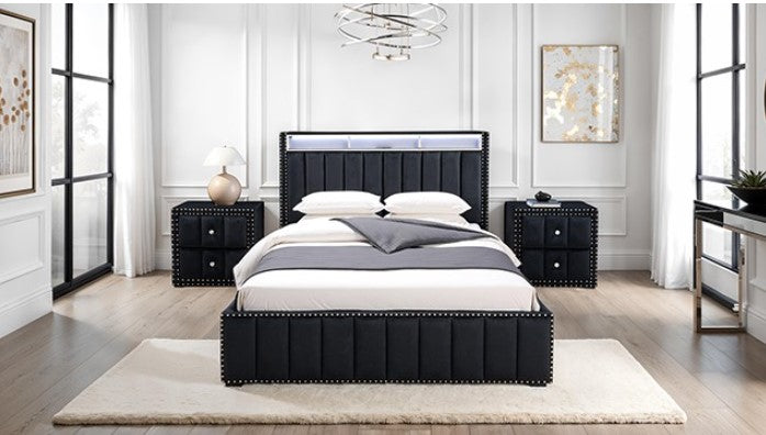 Sluvender Modular Upholstered Nightstand Black Finish Black nightstand with studded details next to a bed in a bedroom setting