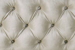 Sonya Beige Velvet Upholstered Traditional Style Bed Close-up of a tufted beige fabric with button details