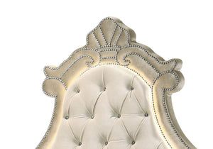 Sonya Beige Velvet Upholstered Traditional Style Bed Decorative headboard with tufted design and ornate detailing on a white background