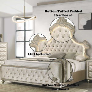 Sonya Beige Velvet Upholstered Traditional Style Bed Beige button tufted padded headboard with LED lighting in a bedroom setting.