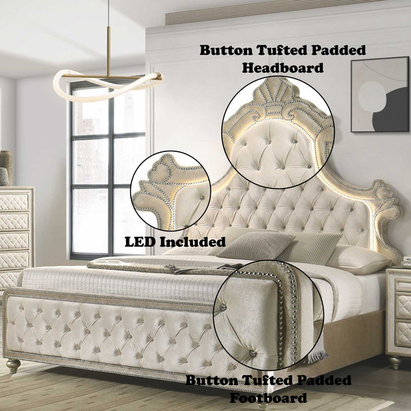 Sonya Beige Velvet Upholstered Traditional Style Bed Beige button tufted padded headboard with LED lighting in a bedroom setting.