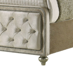 Sonya Beige Velvet Upholstered Traditional Style Bed Close-up of a tufted bed headboard with decorative nailhead trim on a white background