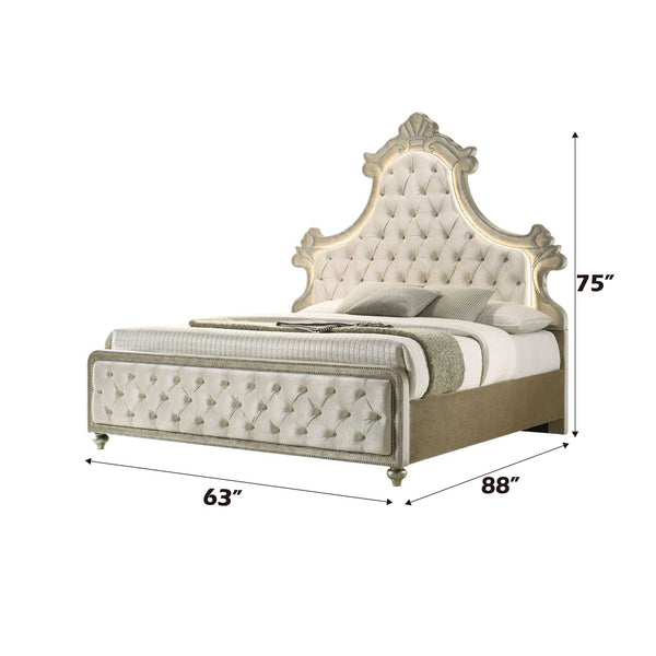 Sonya Beige Velvet Upholstered Traditional Style Bed An ornate upholstered bed frame with a tall tufted headboard and matching footboard, shown with dimension labels indicating 75 inches high, 63 inches wide, and 88 inches deep on a white background.