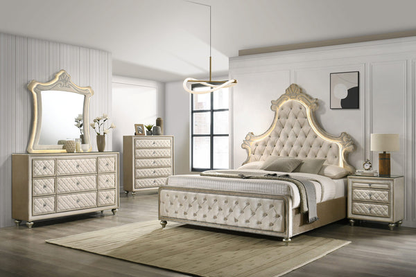 Luxury bedroom set with tufted bed, dressers, and mirror in a well-lit room.