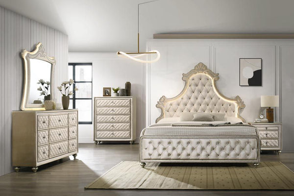 Sonya Beige Velvet Upholstered Traditional Style Bed Luxurious bedroom with ornate bed and matching dressers in a modern setting.