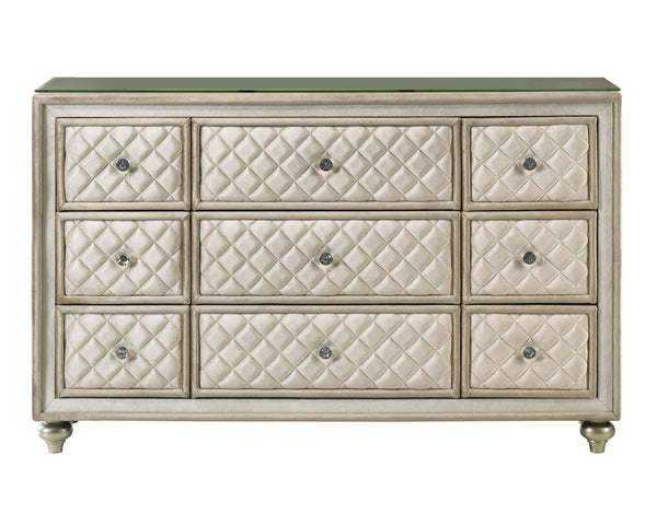 Sonya Beige Velvet Upholstered Traditional Style Dresser A nine-drawer dresser with quilted cream drawers, a distressed gray-beige frame, and a green top surface, shown against a plain white background.