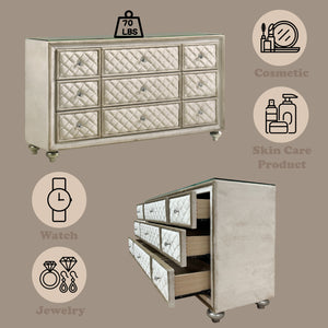Sonya Beige Velvet Upholstered Traditional Style Dresser Decorative dresser with mirrored drawers on a beige background, showing weight and product size icons.