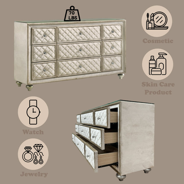 Sonya Beige Velvet Upholstered Traditional Style Dresser Decorative dresser with mirrored drawers on a beige background, showing weight and product size icons.