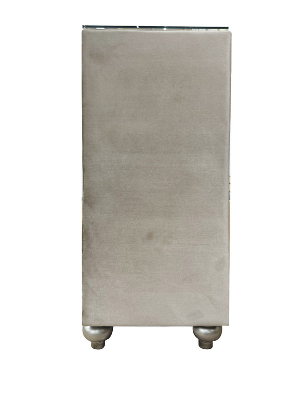 Sonya Beige Velvet Upholstered Traditional Style Dresser A tall, rectangular metallic cabinet or panel with rounded feet, shown from the front on a plain white background.