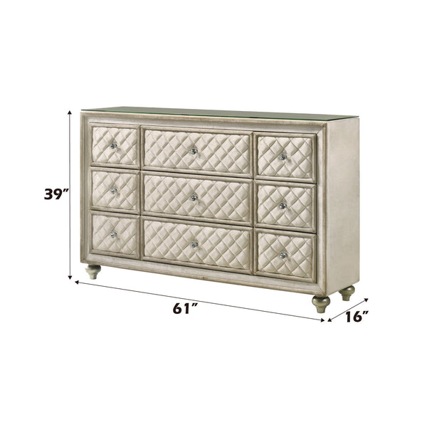Sonya Beige Velvet Upholstered Traditional Style Dresser Quilted dresser with dimensions labeled on a white background