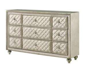 Sonya Beige Velvet Upholstered Traditional Style Dresser Decorative dresser with quilted design and glass top on a white background