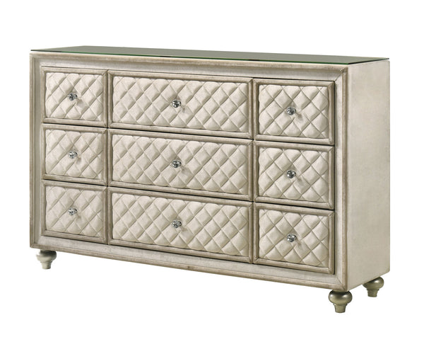 Sonya Beige Velvet Upholstered Traditional Style Dresser Decorative dresser with quilted design and glass top on a white background