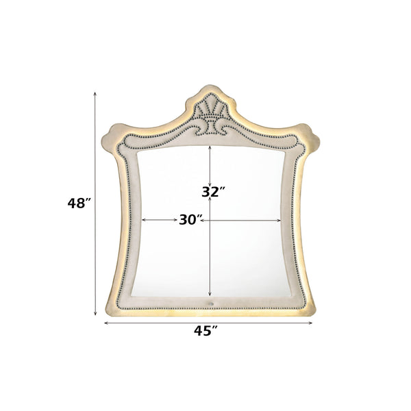 Sonya Beige Velvet Upholstered Traditional Style Mirror An ornate rectangular wall mirror with a decorative gold and white frame, shown with dimension lines and measurements indicating 48 inches tall, 45 inches wide, and the mirror face measuring 32 by 30 inches.