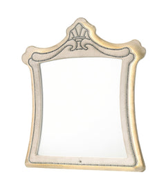 Sonya Beige Velvet Upholstered Traditional Style Mirror An ornate rectangular wall mirror with a decorative frame featuring a scalloped crest at the top, beaded trim, and a warm cream and gold finish, shown on a plain white background.