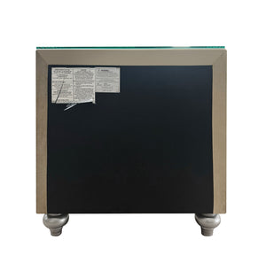 Sonya Beige Velvet Upholstered Traditional Style Nightstand Blackboard with silver frame and feet on a white background