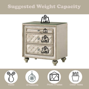Sonya Beige Velvet Upholstered Traditional Style Nightstand A three-drawer nightstand with a distressed beige/cream finish and a dark green glass top, shown with overlaid weight capacity graphics indicating 40 lbs on the glass top and 20 lbs per drawer. The image includes a top banner reading 'Suggested Weight Capacity' and bottom icons suggesting vases, ornaments, photo frames, and other items.