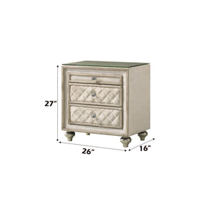 Sonya Beige Velvet Upholstered Traditional Style Nightstand Beige nightstand with dimensions labeled on a white background