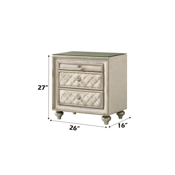 Sonya Beige Velvet Upholstered Traditional Style Nightstand Beige nightstand with dimensions labeled on a white background