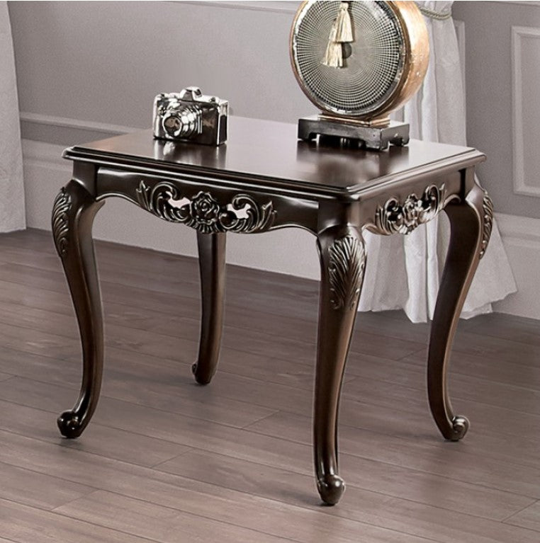 Spencer Solid Wood Traditional End Table Decorative wooden table with ornate legs in a room setting