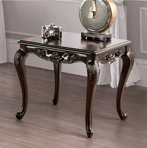 Spencer Solid Wood Traditional End Table Decorative wooden table with ornate legs in a room setting