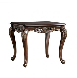 Spencer Solid Wood Traditional End Table Decorative wooden table with intricate carvings on a white background