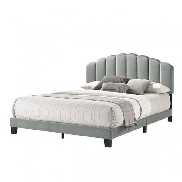 Stringer light Gray Fully Upholstered Channel Tufting Bed Gray upholstered bed with white bedding on a white background