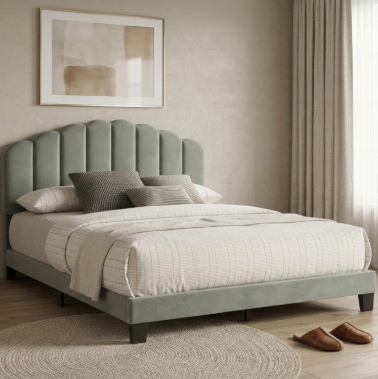 Stringer light Gray Fully Upholstered Channel Tufting Bed Gray upholstered bed with white bedding in a bedroom setting.