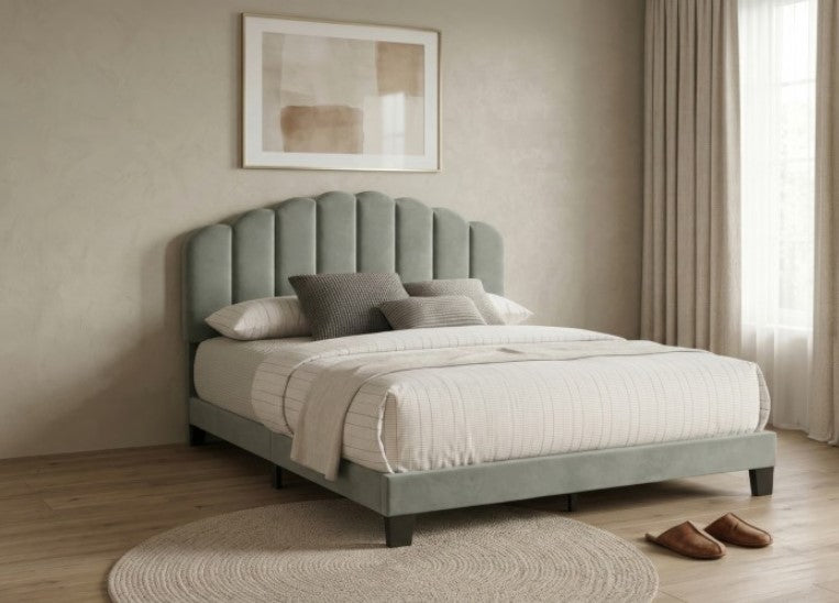 Stringer light Gray Fully Upholstered Channel Tufting Bed Gray upholstered bed with white bedding in a bedroom setting.