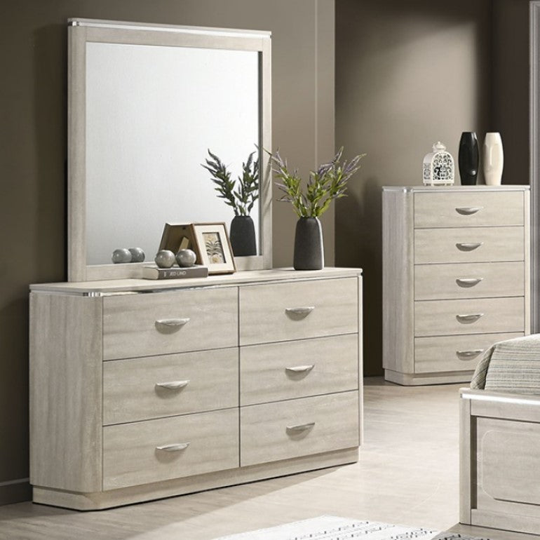 Sundy Curved Edge Dusty Gray Dresser Light wood dresser with mirror and decorative items in a bedroom setting