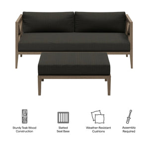 Sunshore Flint Gray Loveseat and Ottoman Outdoor Set Outdoor sofa set with black cushions and teak wood frame on a white background, featuring icons for construction materials and assembly.