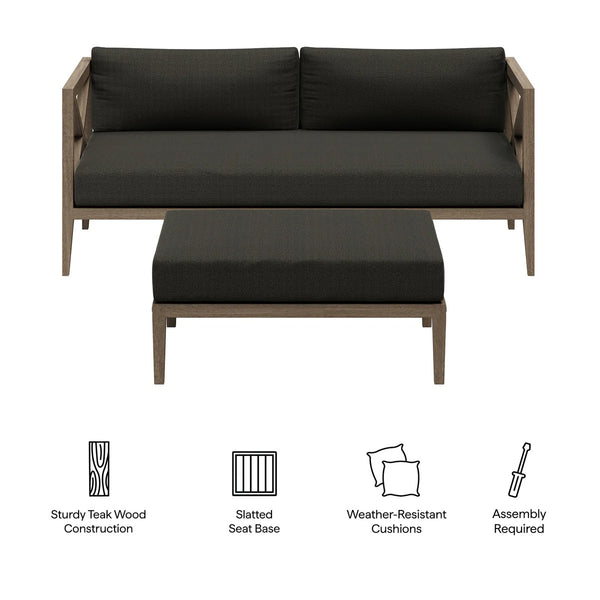 Sunshore Flint Gray Loveseat and Ottoman Outdoor Set Outdoor sofa set with black cushions and teak wood frame on a white background, featuring icons for construction materials and assembly.