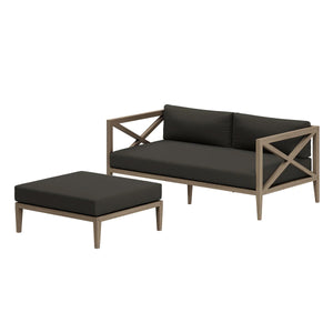 Sunshore Flint Gray Loveseat and Ottoman Outdoor Set Outdoor furniture set with a sofa and ottoman on a white background