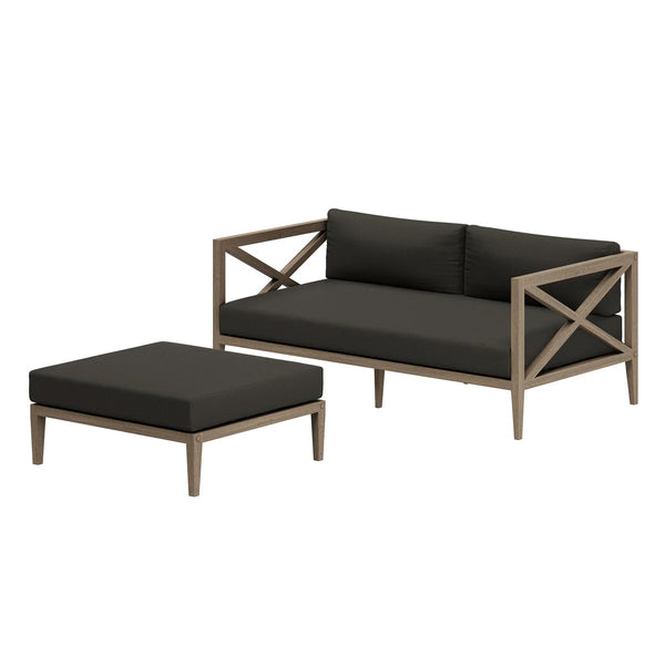 Sunshore Flint Gray Loveseat and Ottoman Outdoor Set Outdoor furniture set with a sofa and ottoman on a white background